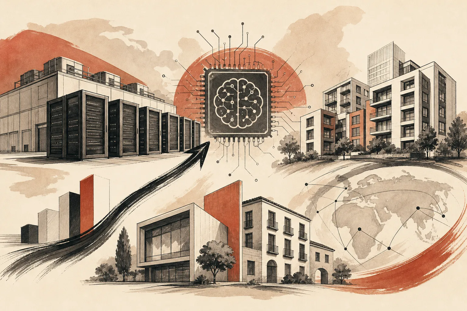Illustration for the story: AI investment surges in real estate tech as firms secure funding for data centers and leadership shifts