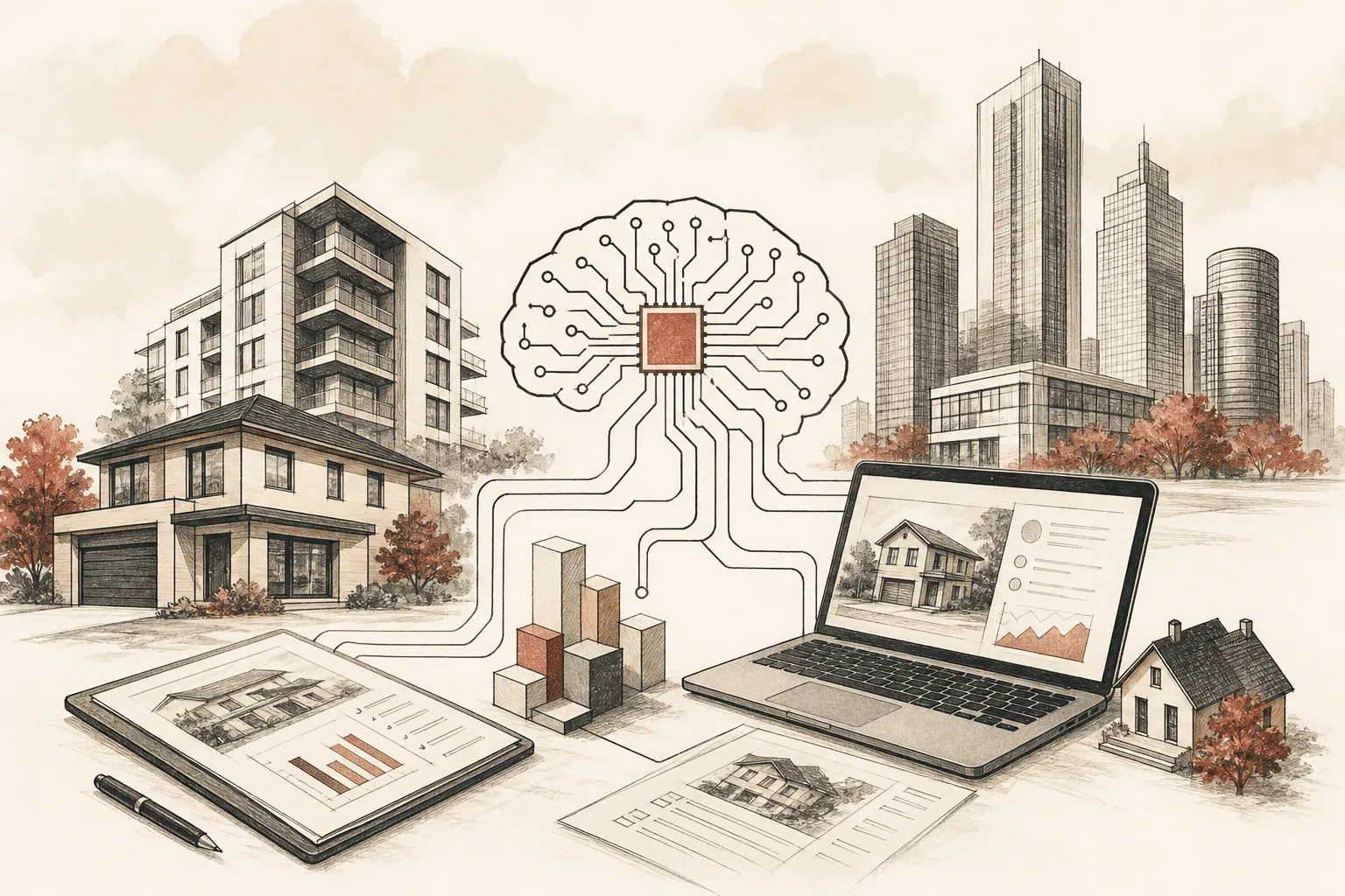 Illustration for the story: AI tools gain traction in real estate tech as proptech market forecasts growth