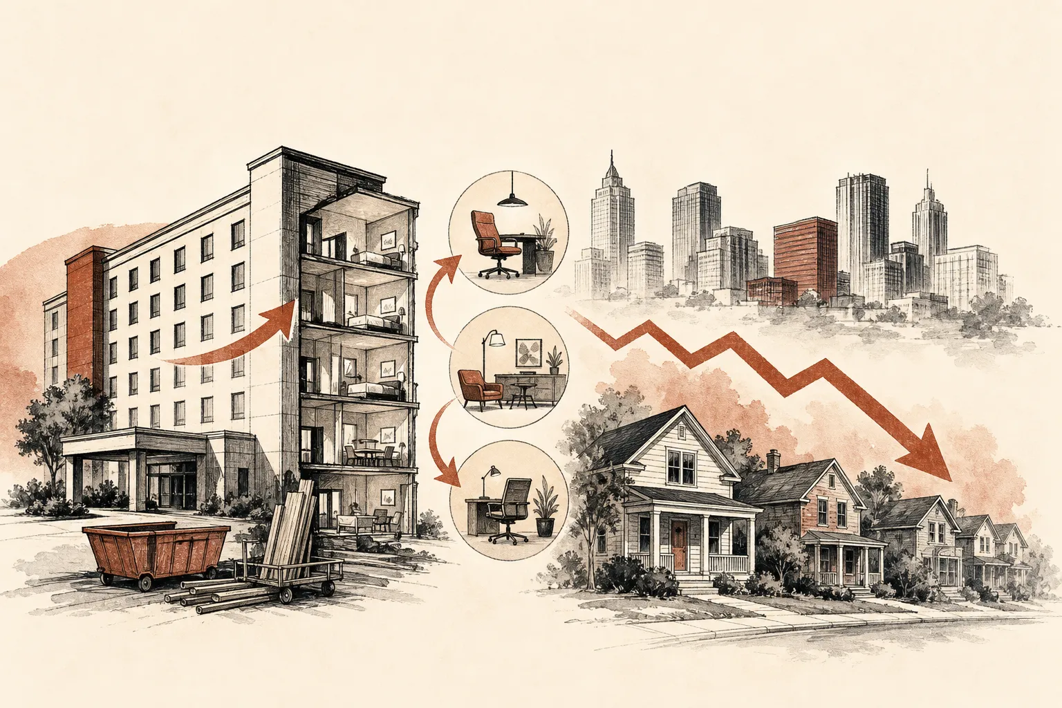 Illustration for the story: Atlanta housing market sees hotel conversions, executive moves and price dip