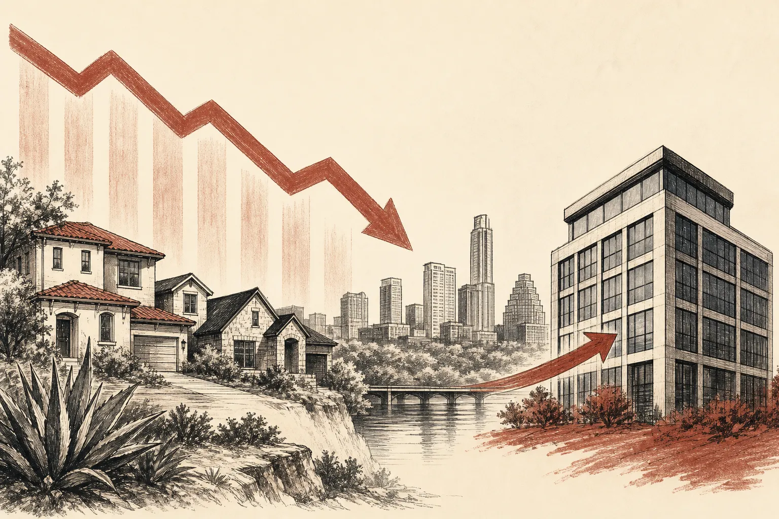 Illustration for the story: Austin home prices fall 4.3% annually as luxury market dips and office sales surge