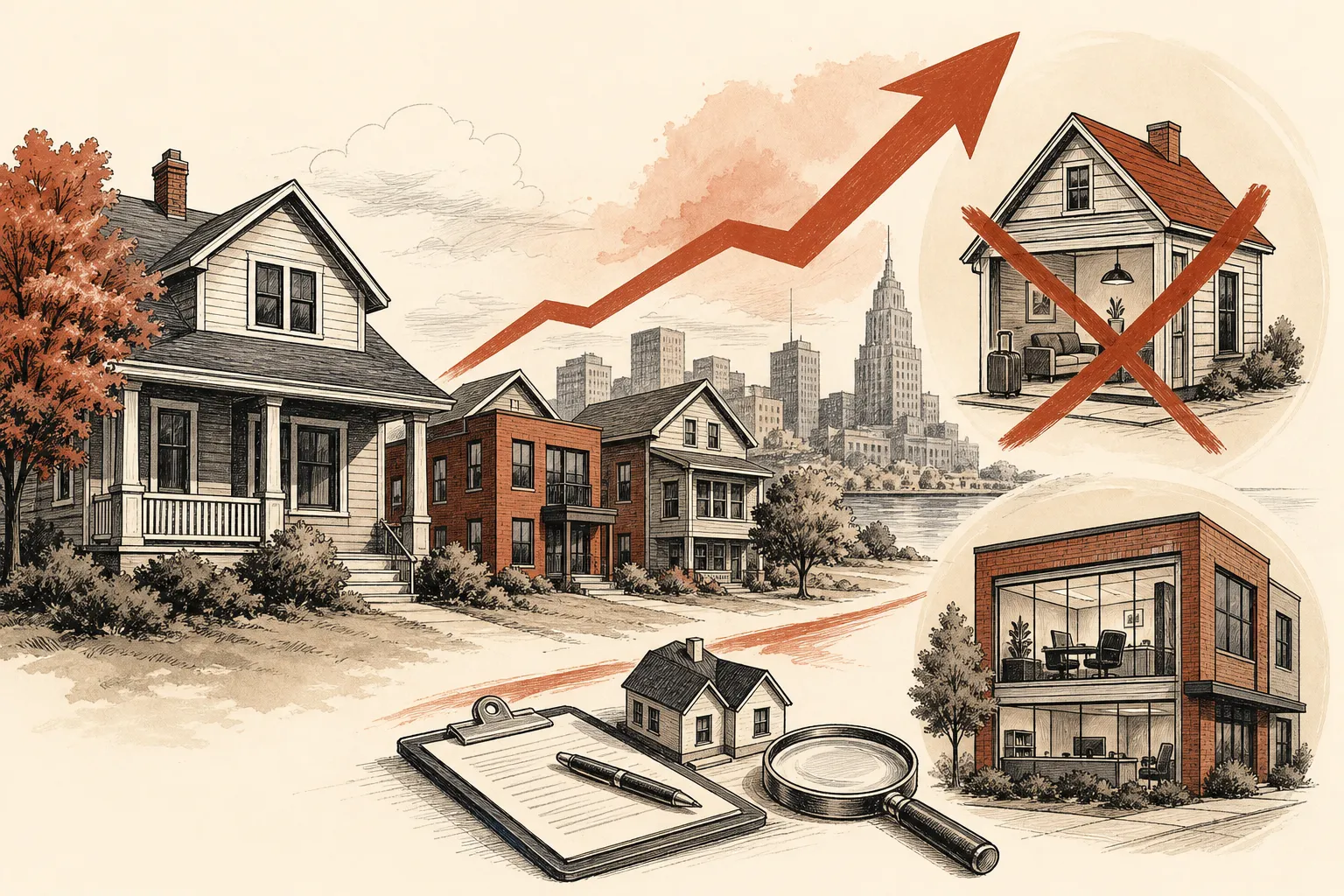 Illustration for the story: Buffalo housing market sees value rise as short-term rental rules shift