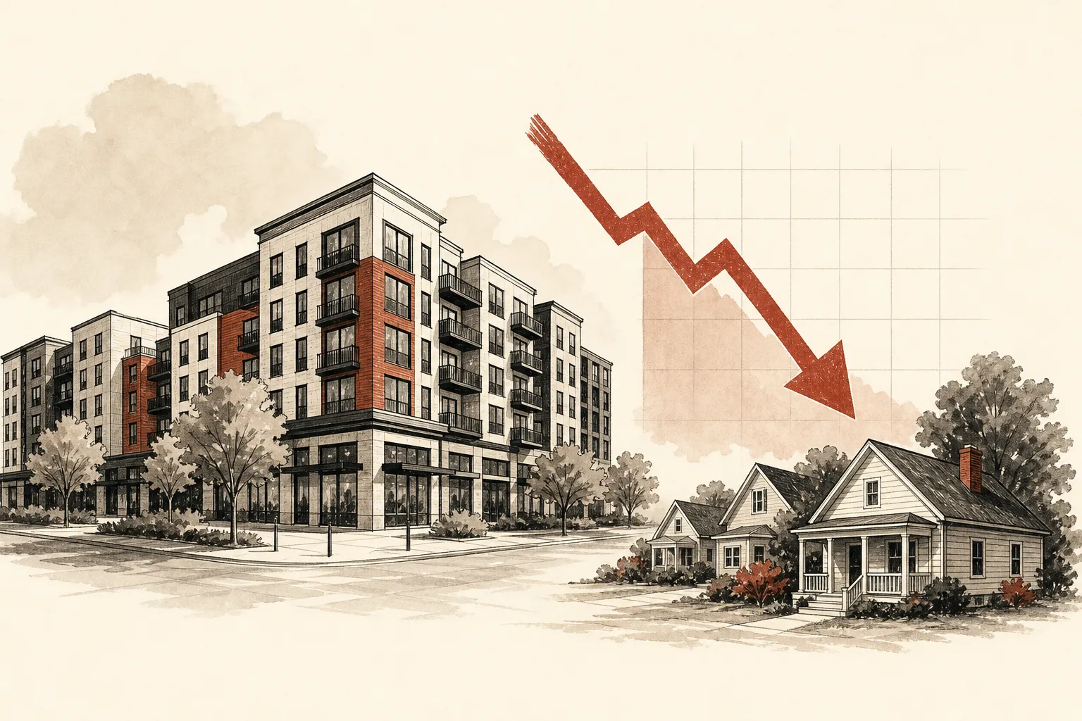 Illustration for the story: Cary proposes 400-unit apartment complex as Raleigh home values dip