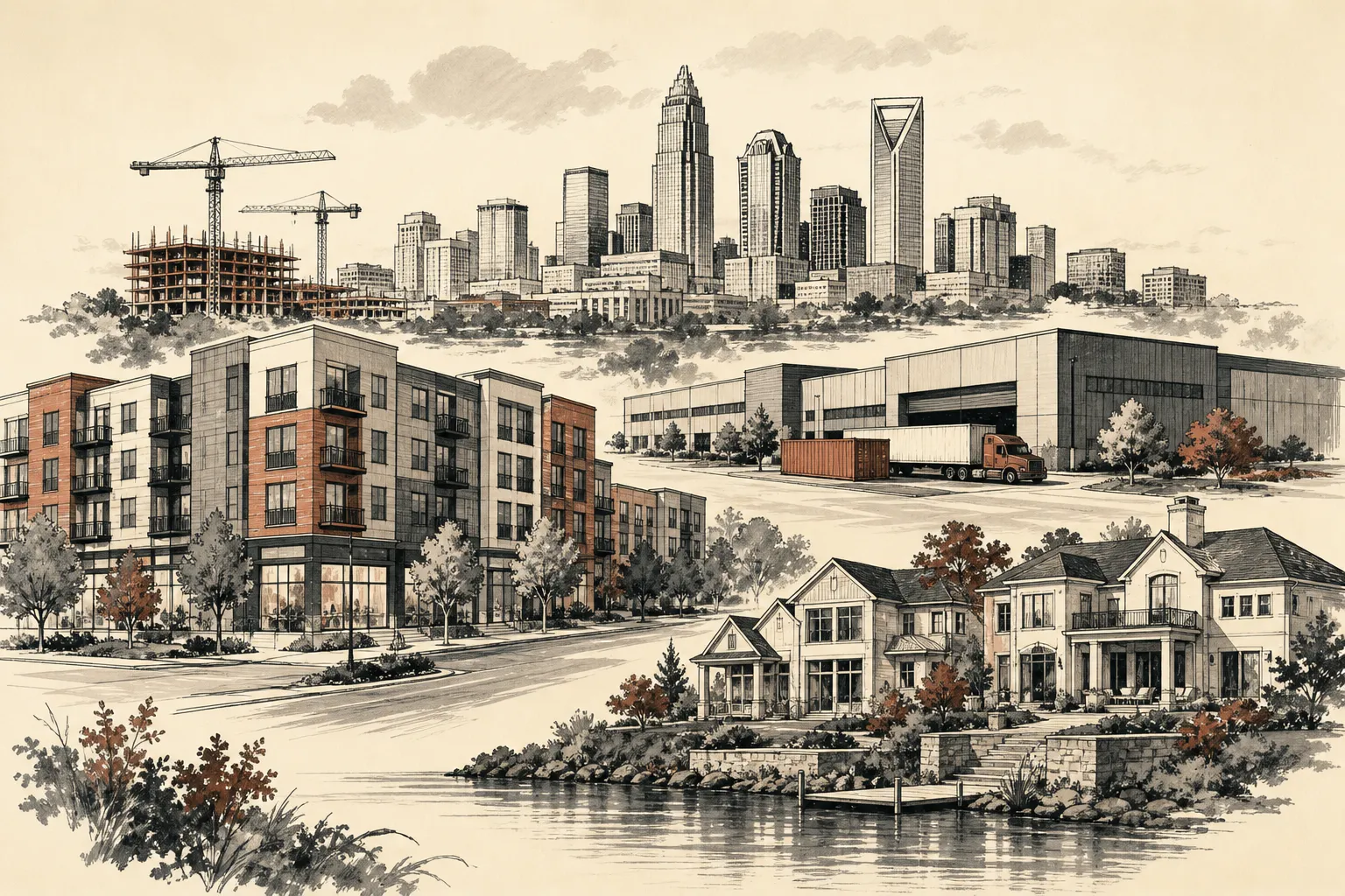 Illustration for the story: Charlotte metro sees new housing plans, industrial development and high-end sales