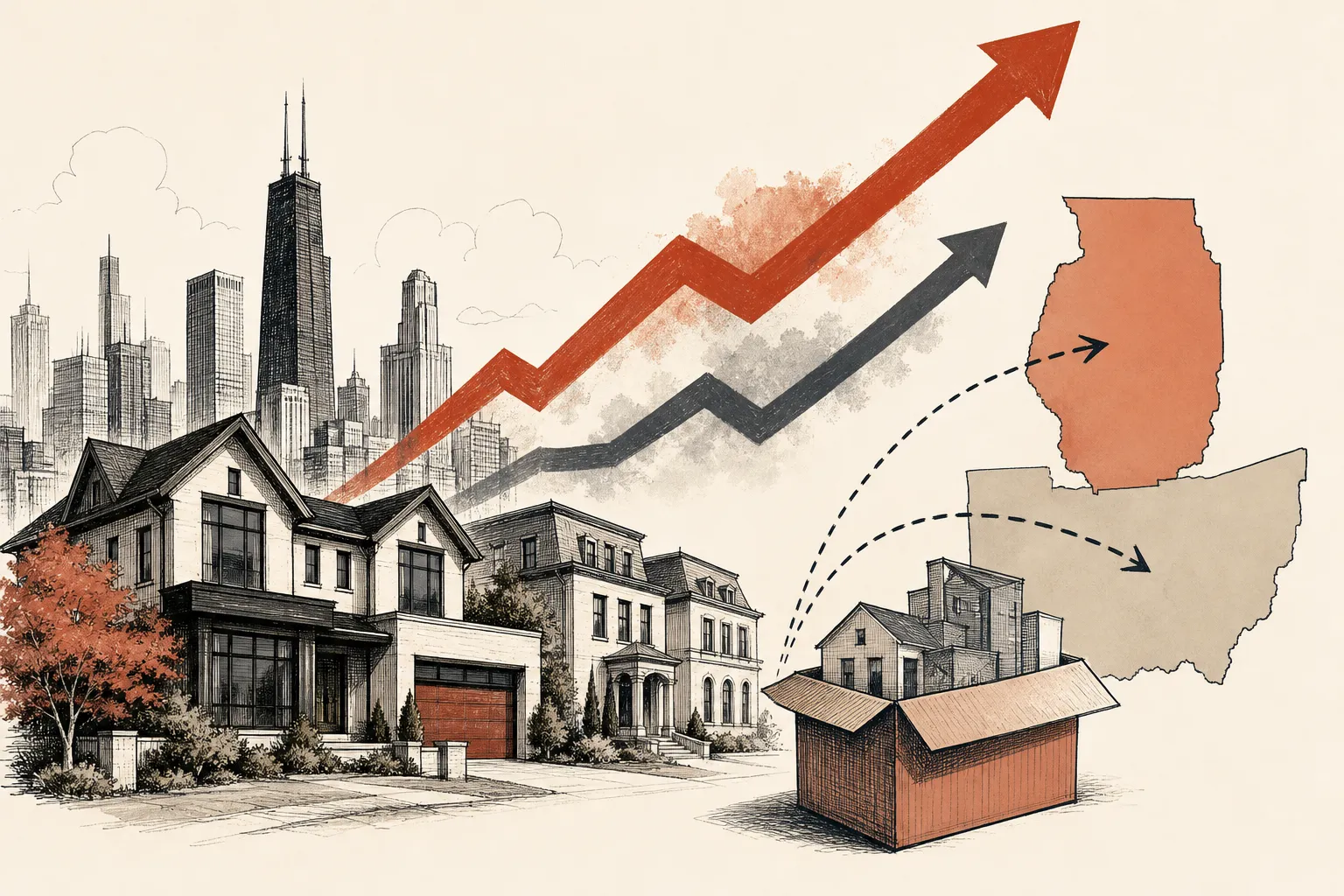 Illustration for the story: Chicago home prices rise twice as fast as inflation, led by luxury sales and firm expansions
