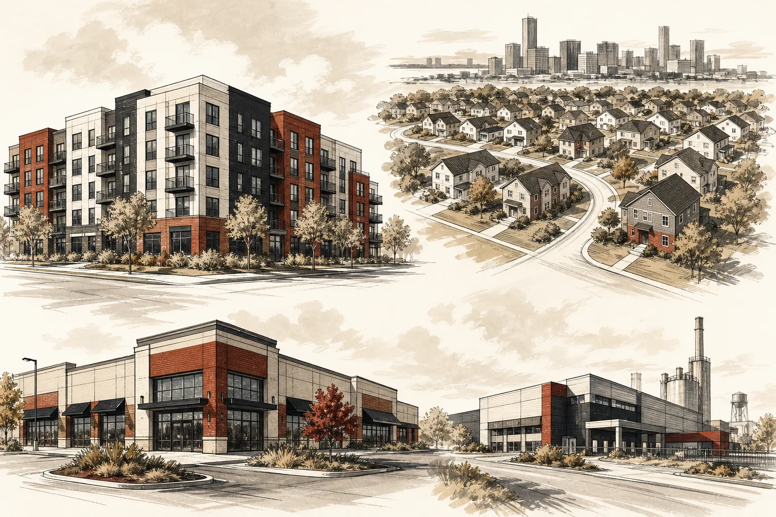 Illustration for the story: Detroit metro sees new housing projects, retail sales and industry expansion
