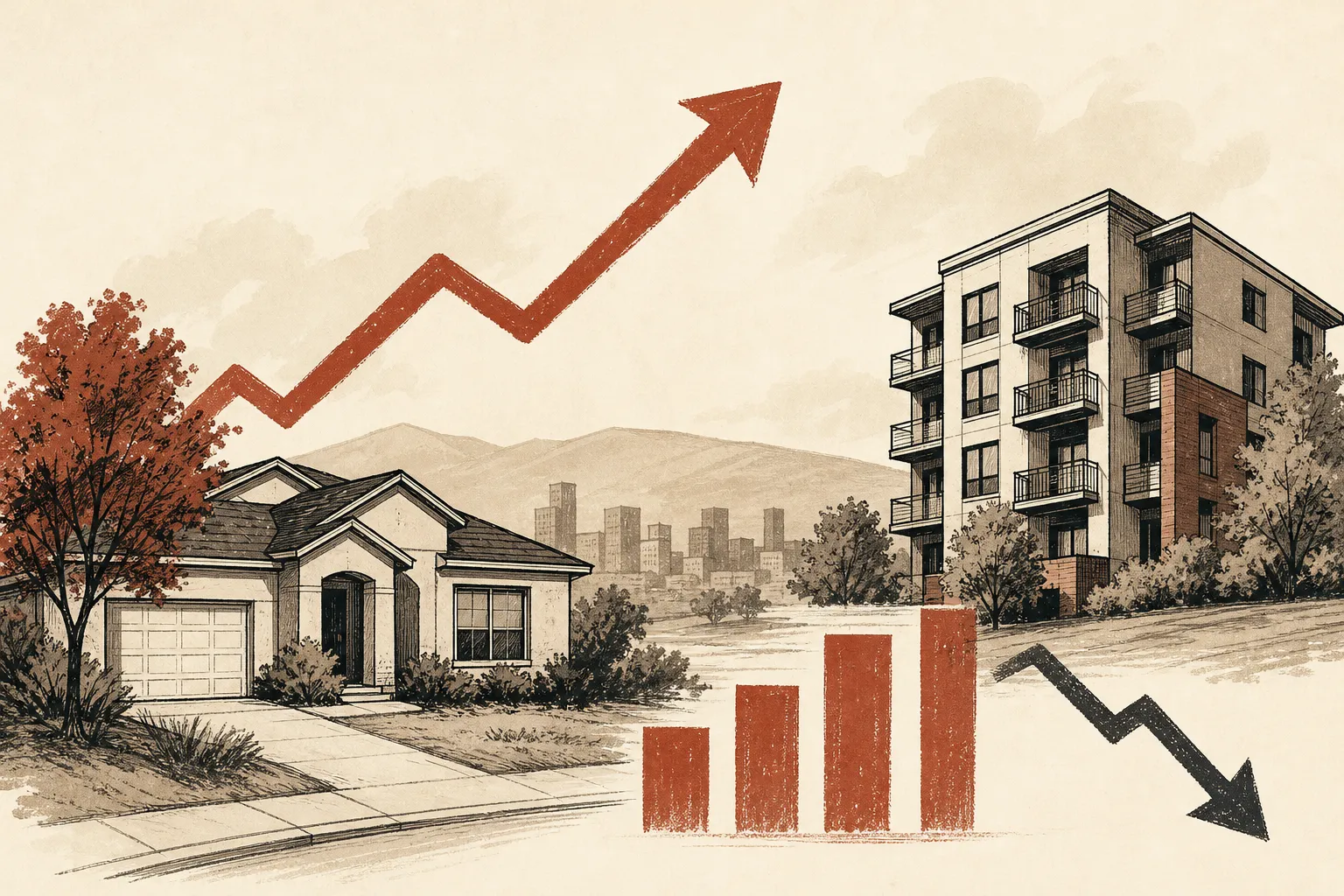Illustration for the story: Fresno home prices rise slightly as new sales dip and rents climb