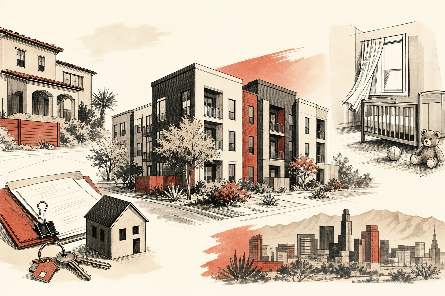 Illustration for the story: Las Vegas affordable-housing project opens amid rental fines and child safety case