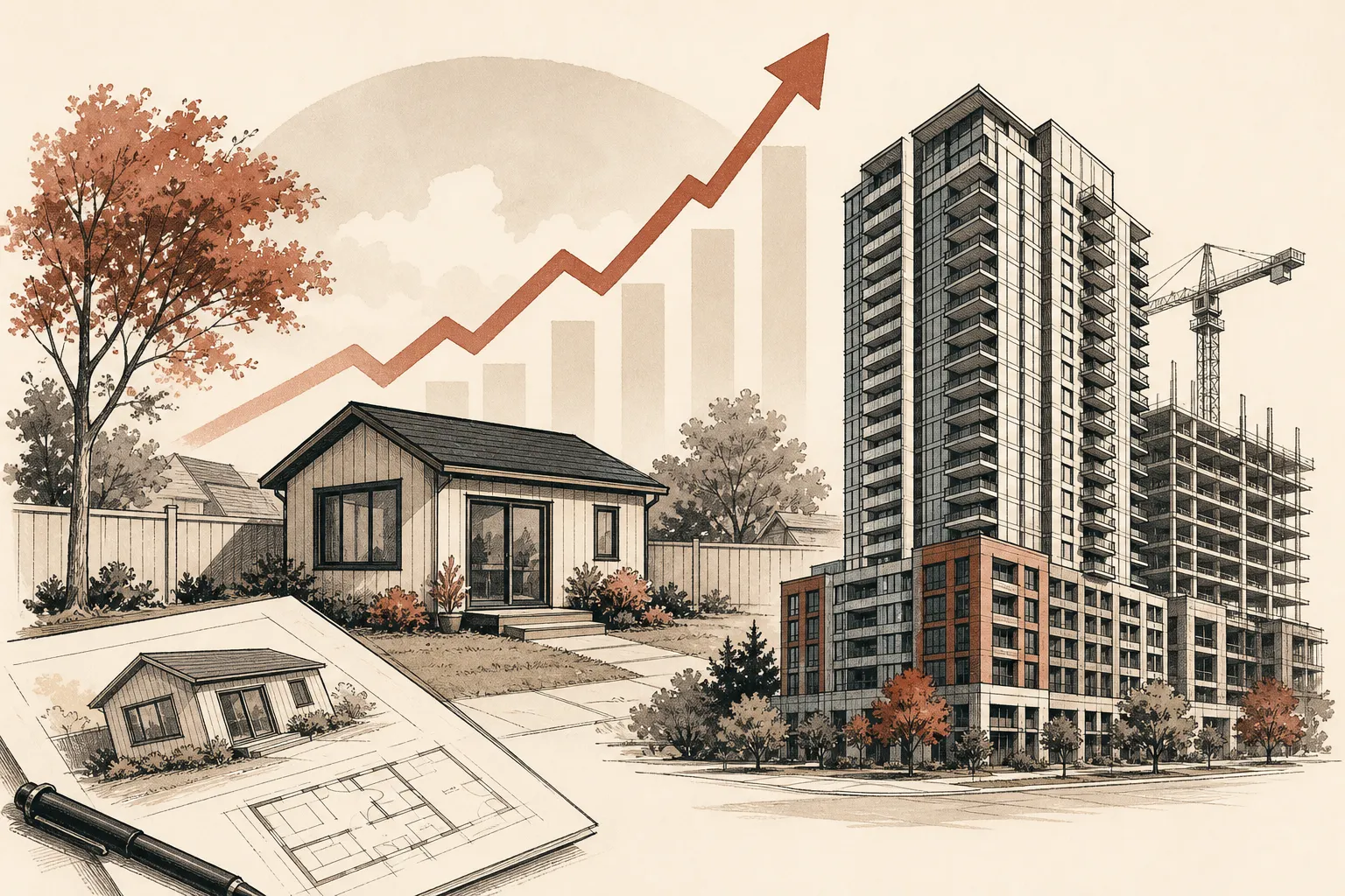 Illustration for the story: Milwaukee advances free ADU plans and condo tower as home values rise