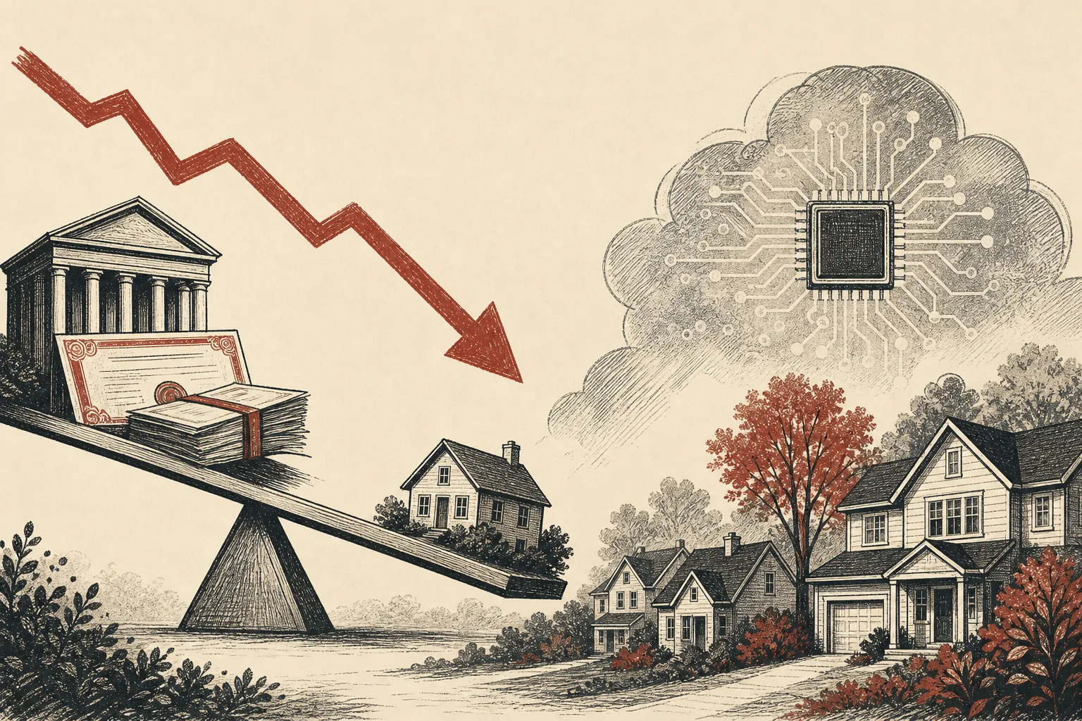 Illustration for the story: Mortgage rates fall as AI concerns boost bond demand, Redfin reports