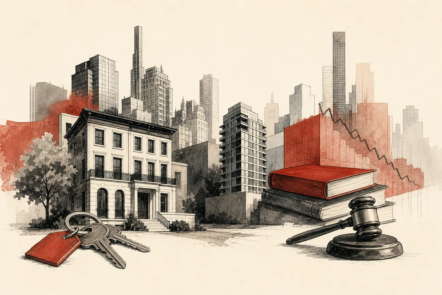 Illustration for the story: New York housing market sees luxury sales, losses and legal fallout