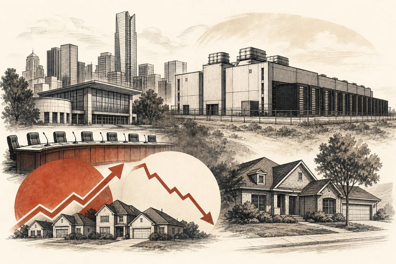 Illustration for the story: Oklahoma City approves first mega-data center amid rising mortgage rates