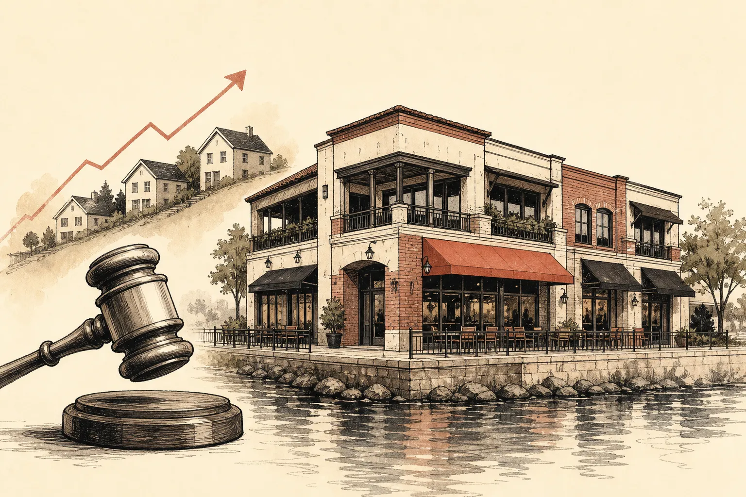 Illustration for the story: Riverside building housing restaurants and salons set for auction