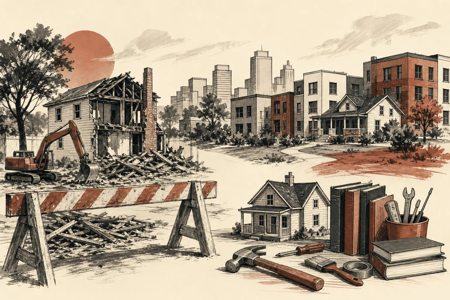 Illustration for the story: St. Louis pauses tornado home demolitions as affordable housing plan announced