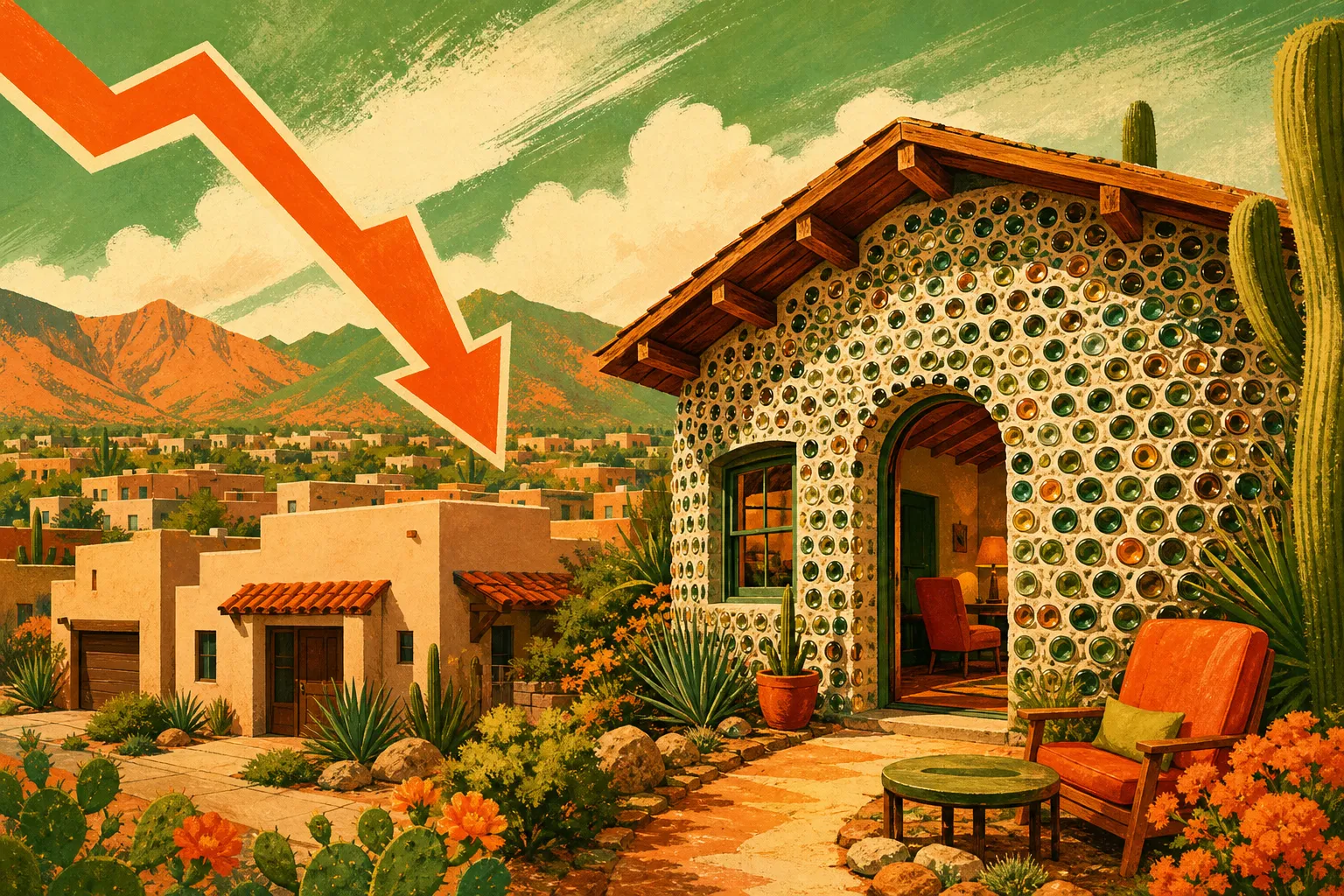 Illustration for the story: Tucson home values dip 1.8% annually as unique bottle home lists for $432,500