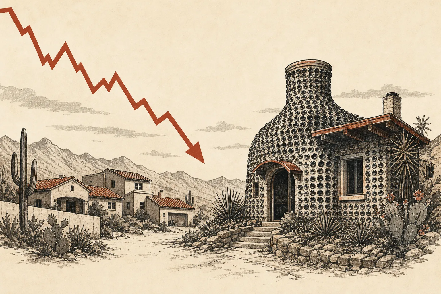 Illustration for the story: Tucson home values dip 1.8% annually as unique bottle home lists for $432,500