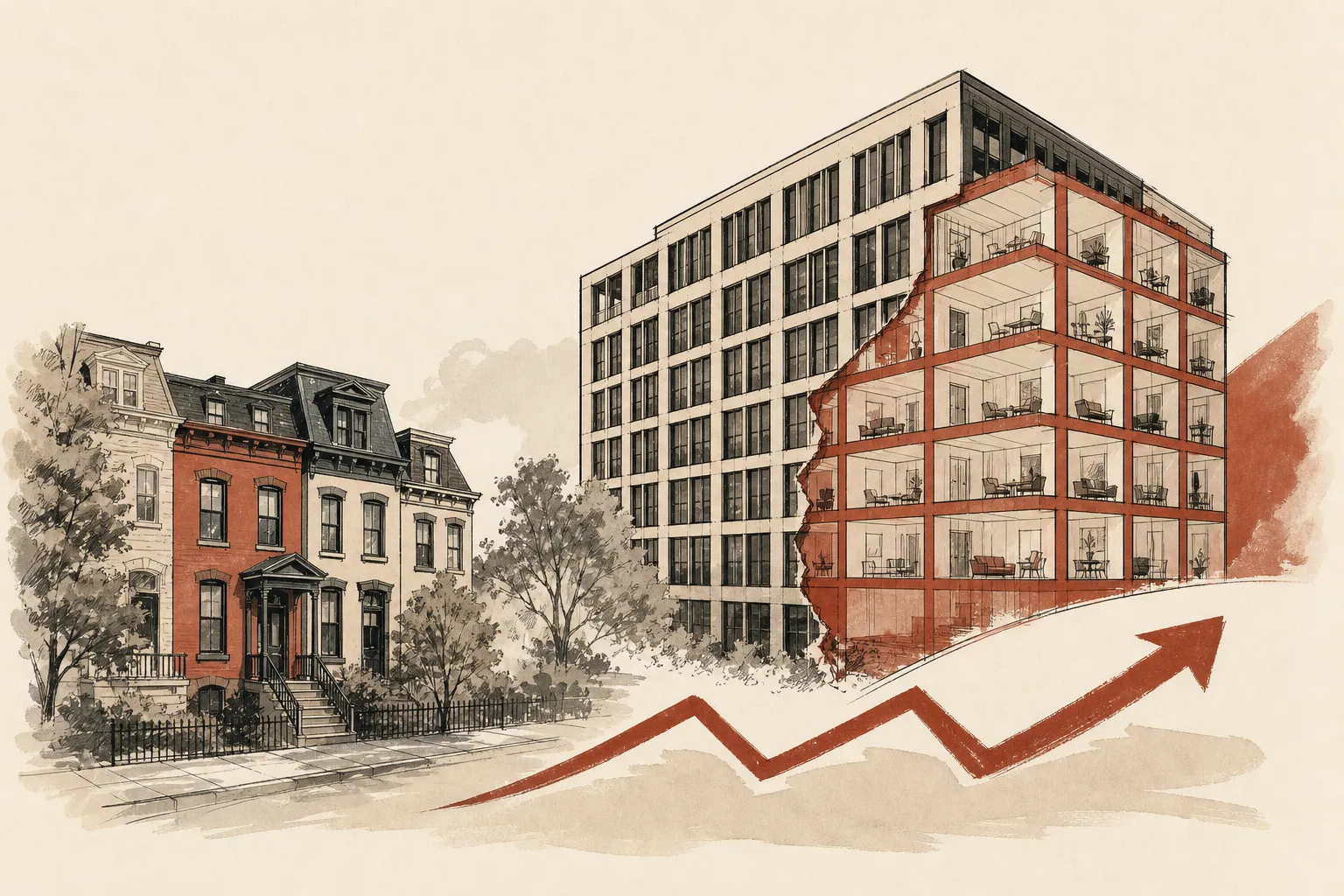Illustration for the story: Washington, DC home values rise slightly as lender acquires office for conversion